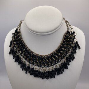 Brass and Beaded Bib Necklace  Retro Egyptian Style  Black and Gold 20 Inch Boho